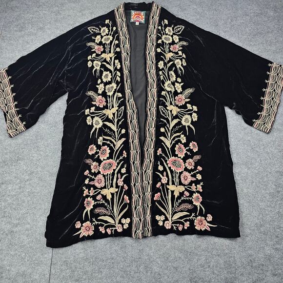 Johnny Was Velvet Embroidered Kimono Womens XXL Black Floral Boho Silk Whimsical - Picture 2 of 8